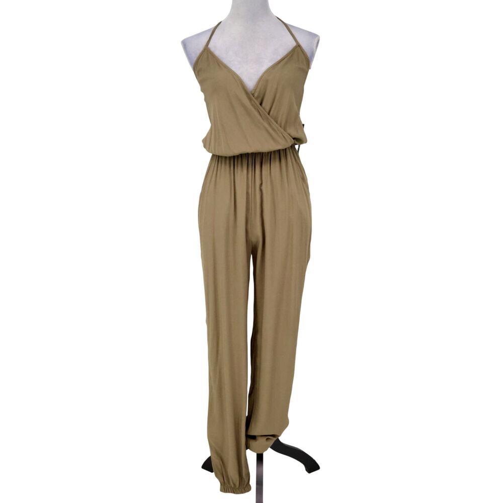Lulus Jumpsuit Womens Small Khaki Green Halter Rayon Elastic Waist New
